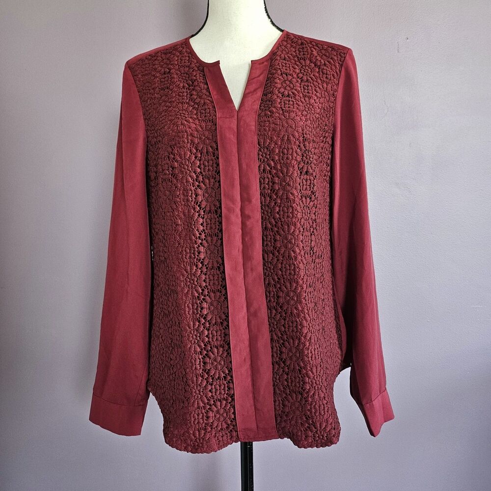 Talbots Burgundy Red Chiffon Floral Crochet Lace Business Casual Office Blouse